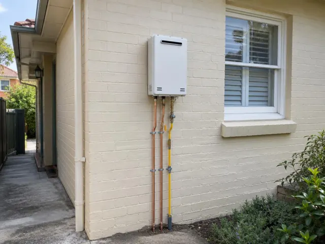 Outdoor hot water unit mounted on a cream brick wall beside a window and pipework in Fairlight